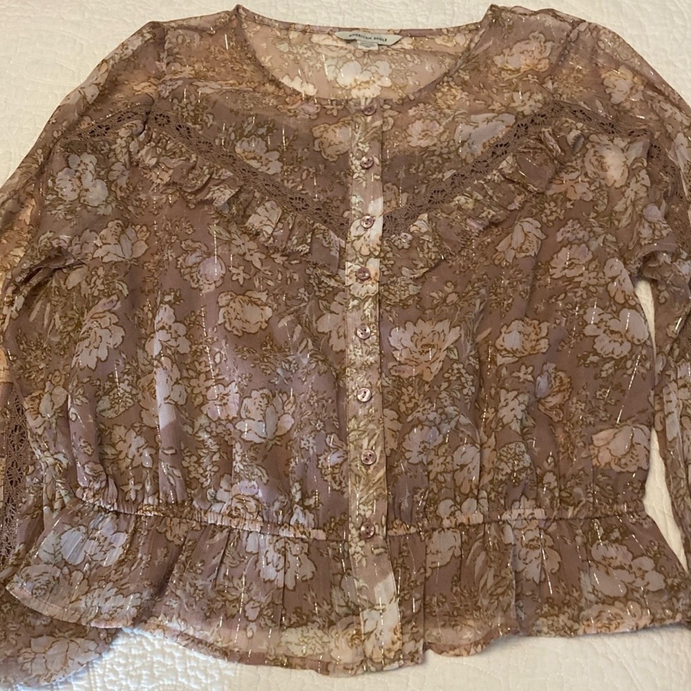 Cottagecore Lace Button-Up Blouse - Brown